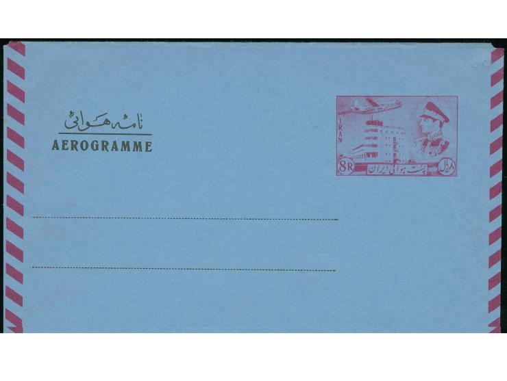 1956/65, 12 different Aerogramme including 2,50 r. blue, 8 r. magenta (black colour double print), blue and green overlay, di