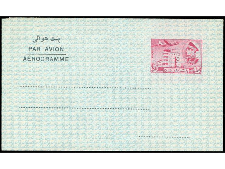 1956/65, 12 different Aerogramme including 2,50 r. blue, 8 r. magenta (black colour double print), blue and green overlay, di