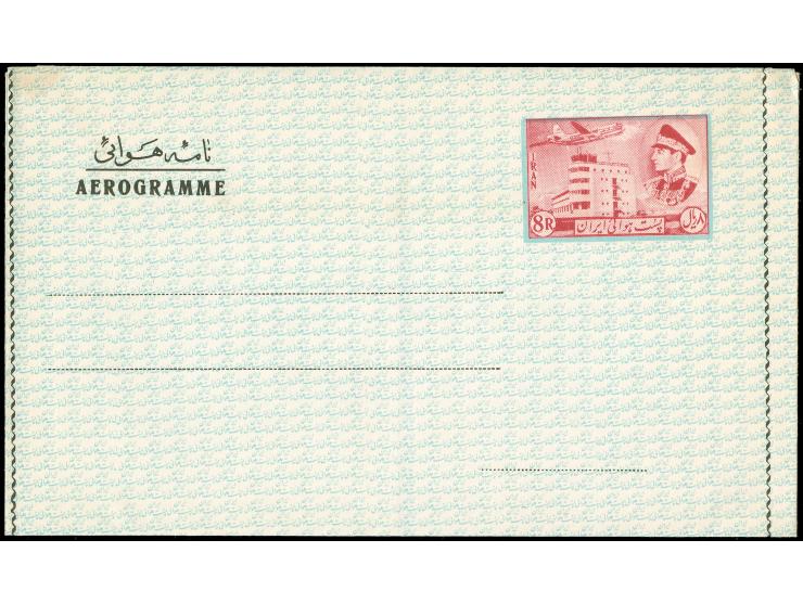1956/65, 12 different Aerogramme including 2,50 r. blue, 8 r. magenta (black colour double print), blue and green overlay, di