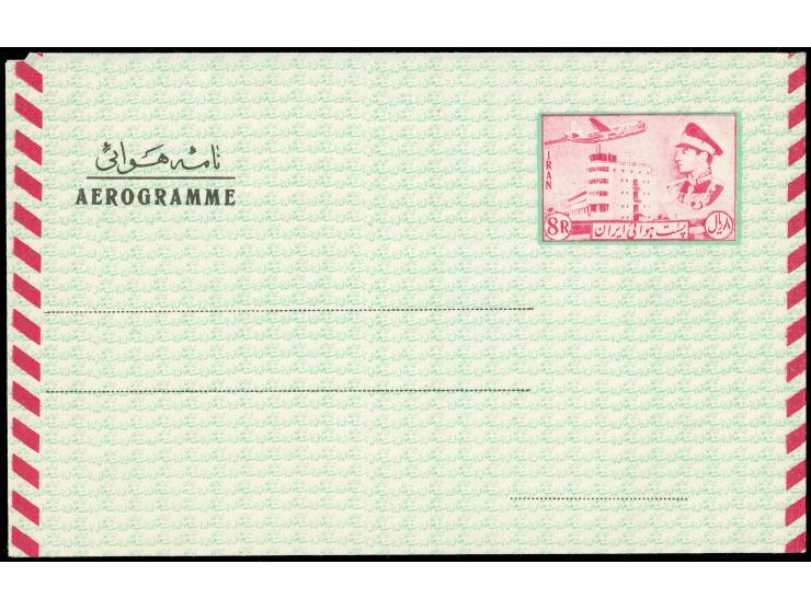 1956/65, 12 different Aerogramme including 2,50 r. blue, 8 r. magenta (black colour double print), blue and green overlay, di
