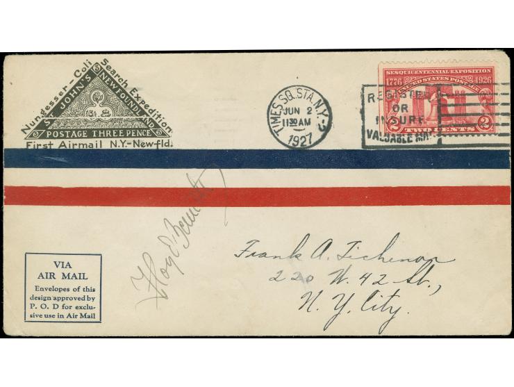 1927, Nungesser-Coli Search Expedition, Transoceanic Record Flight airmail envelope with 2 c. carmine tied by ‘Times Sq Sta N