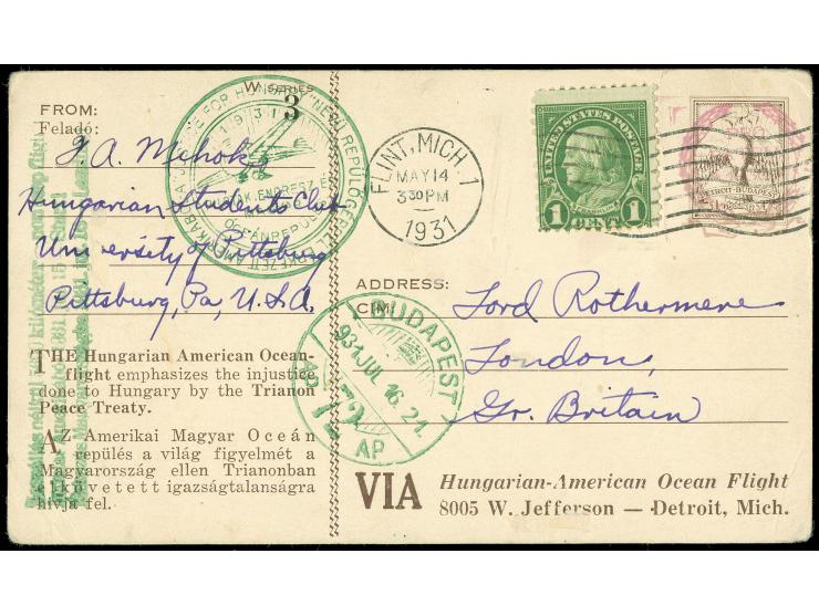 1931 "Justice for Hungary" flown card from Flint, Michigan, with pre-printed bilingual cachet, 1 c. franking, with Budapest a