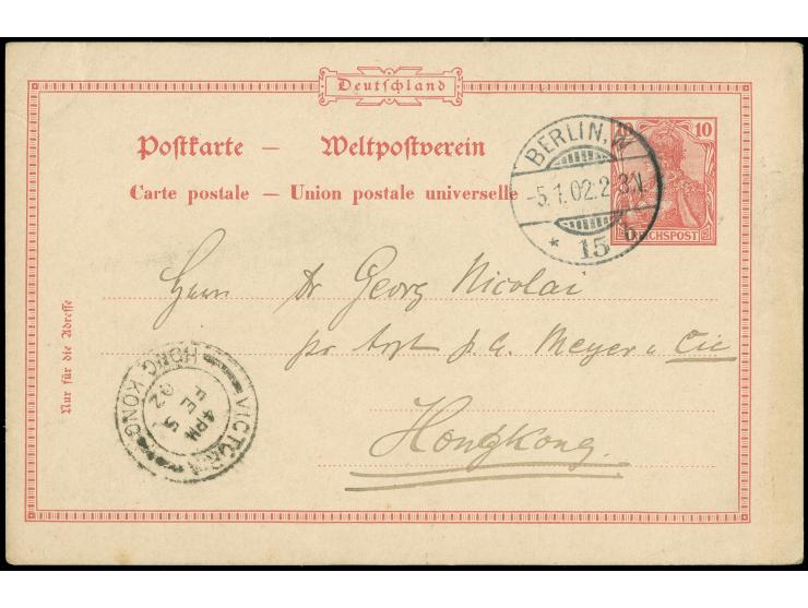 1902, Incoming Mail: German Reich 10 Pfg postal stationery from BERLIN 5.1.02 with arrival mark 'VICTORIA HONG KONG  4PM FE/5
