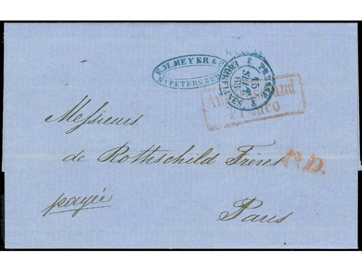 1863, Frankobrief von St. Petersburg nach Paris mit rs. Abgangsstp. und Preussischem Bahnpoststp. "Königsberg Pr. 13 9 Brombe
