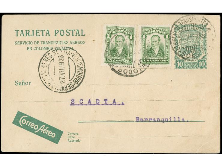 1923, Stationery card 10 c. green on amber, uprated with 1917 two 1 c. green, canceled by partially struck Bogota 26.VII.1926