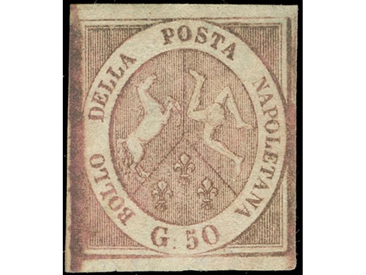 1858, 50 gr. rosa brown, wide margins, unused no gum, tiny oxidized, otherwise fine and a scarce stamp. Signed A. Diena (Mi.f