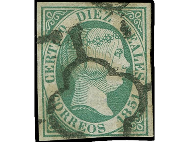1851, 10 r. green, fresh colour and good to large margins, neatly cancelled by black 'spider', very fine. Signed Senf and R. 