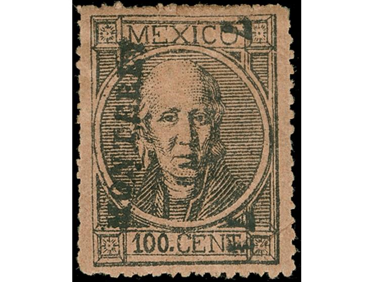1868, Hidalgo 100 c. black on brown, thick figures, usual perf., Monterrey, cons 7-71, unused og., small hinge remnant, fine
