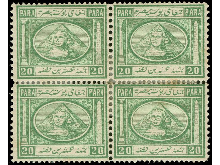 1867/69, 20 pa. green block of four, perf. 15x12½,  few perfs at right apart and tiny gum toned, otherwise fine
