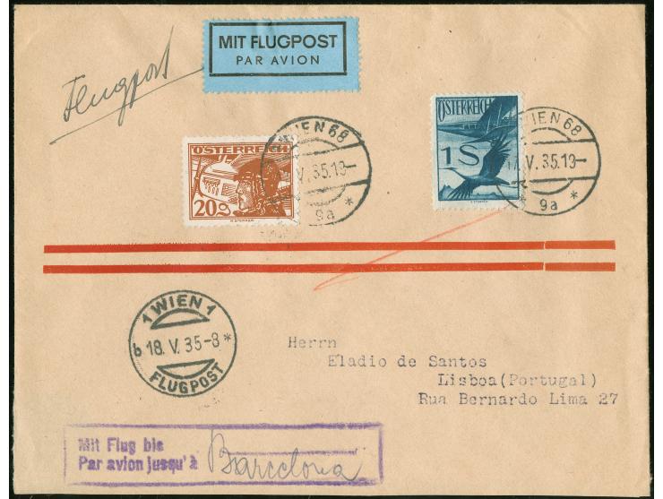 1935/36, Drei Flugpostbriefe von Wien nach Portugal, je mit Etappenstempel ‘Mit Flug bis:___" und hs. Eintrag ’Barcelona', je