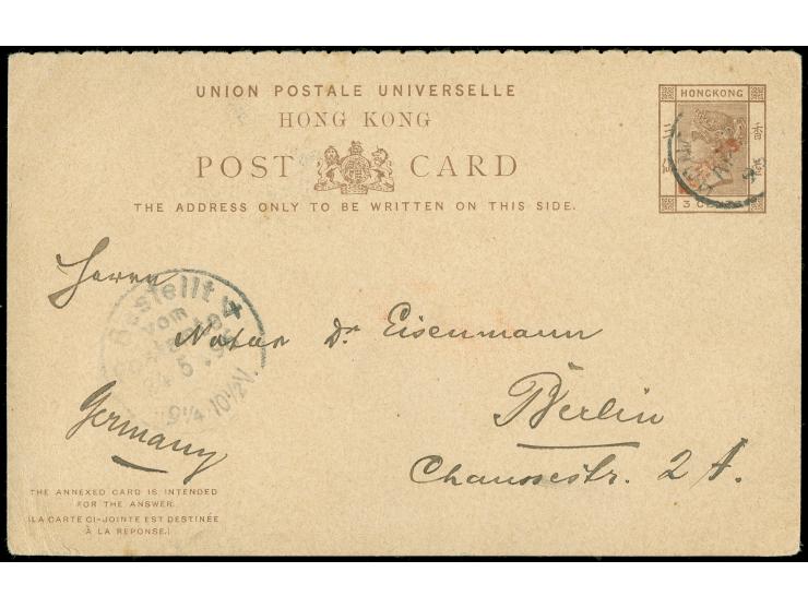 1895, QV 4 c. on 3 c. red surcharged postal stationery asking part of double card (Yang P12 var.) cancelled HONG KONG AP/96. 