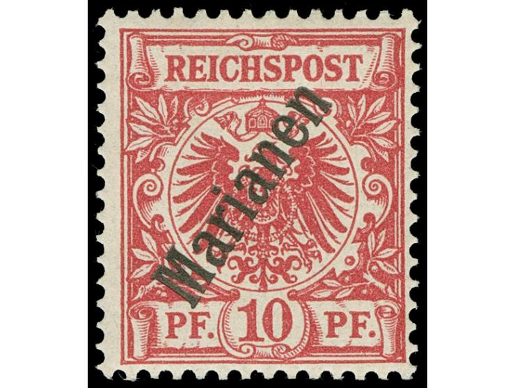 1900, 10 Pfg dunkelrosarot, steiler Aufdruck sauber ungebraucht in fehlerfreier Erhaltung, nicht repariert, Befund Jäschke-L.