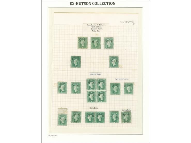 1882/85, 3 d. yellow-green and blueish-green, 5 d. blue-green, specialized on two album pages including blocks of four and wa