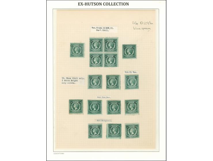 1882/85, 3 d. yellow-green and blueish-green, 5 d. blue-green, specialized on two album pages including blocks of four and wa