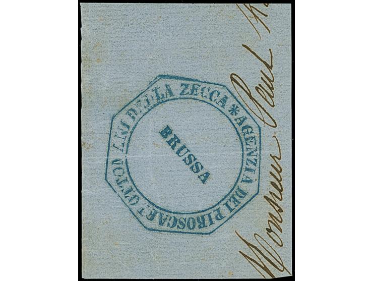 1860 ca., "AGENZIA PROSCAFI OTTOMAN DELLA ZECCA / BRUSSA" octagonal and  “AGENZIA DEI PROSCAFI OTTOMANI DELLA ZECCA / MUDANIA