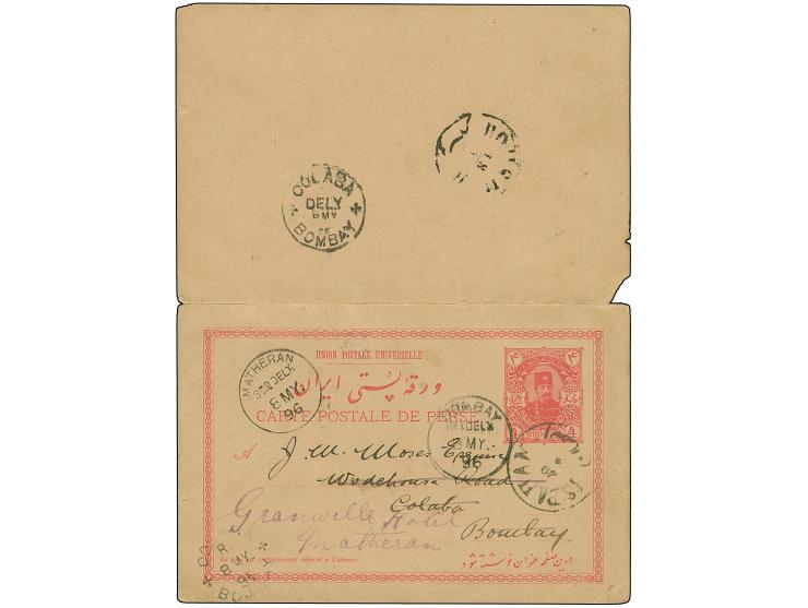 1896, Nasser-ed-din Shah Qajar 4 ch. + 4 ch. red postal stationery card unseparated cancelled ISPAHAN cds. via BOUCHIR 18/4 t