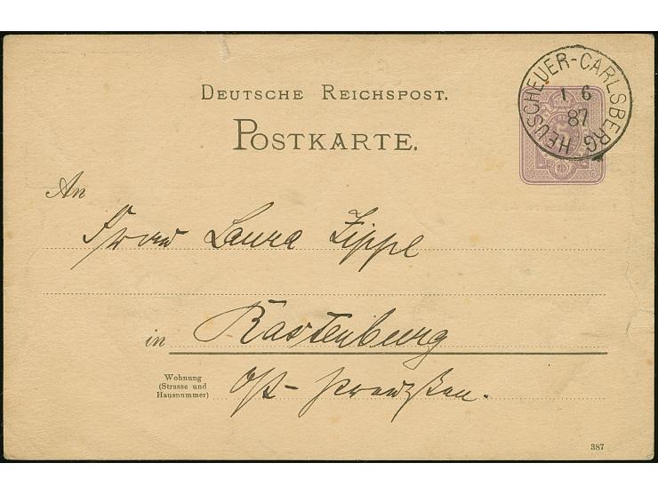 1887, Ganzsachenkarte 5 Pfg. als seltene frühe Ansichtskarte mit rs. Zudruck von Heuscheuer-Carlsberg 1.6.87 nach Rastenburg,