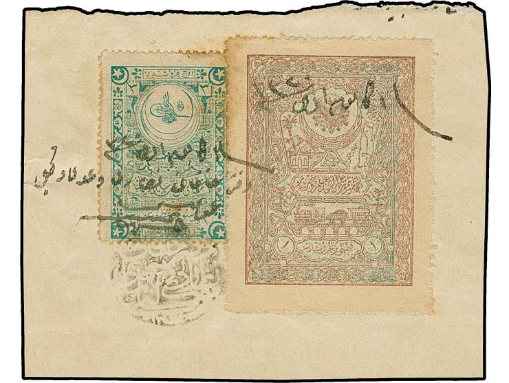 1904, Three Ottoman Hejaz Railway revenues 1 Ghr. on piece (perfs toned) and two single 1 Ghr. stamps obliterated by blue and