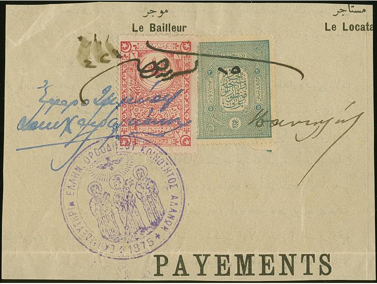 1875, Receipt part bearing two ottoman revenues 2 ghr. rose-carmine and 3 ghr. grey-blue tied by large violet “Holy Greek Ort