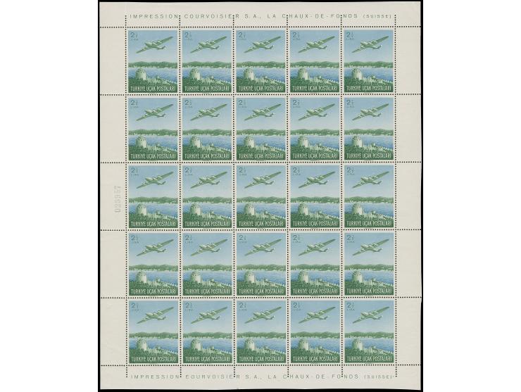 1950, Air Mail 2½ Lira green blue complete sheet of 25 stamps with margins, mint never hinged with original gum, fine and ver