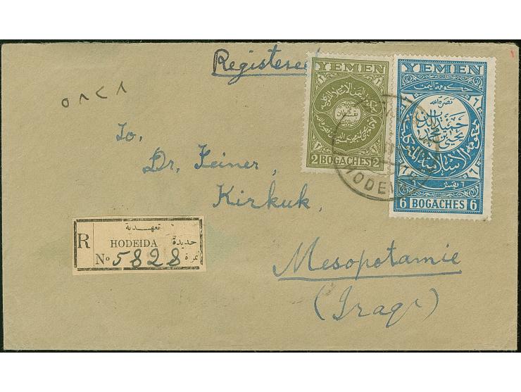 1934, 14 B. rate on registered cover with registration label Hodeida ms. ‘5828’ alongside from HODEIDA 3.2.34 with transit ma