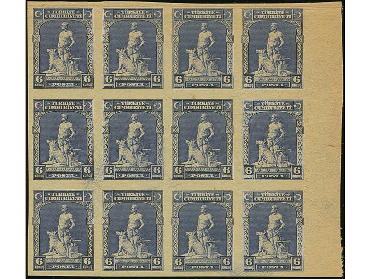 1929, 4th London printing, imperf proof 6 k. violet blue on greenish grey thick paper, block of 12 stamps by “Bradbury, Wilki