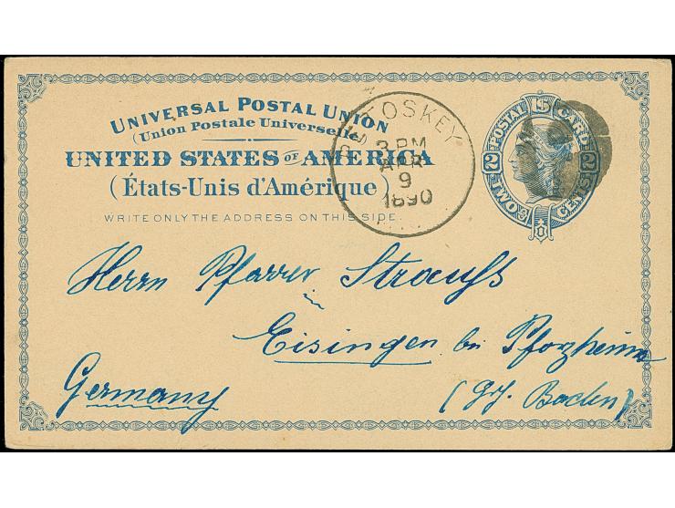 1878/1905, Petoskey fancy cancel large “P” on 2 c. Liberty postal stationery card to Baden 1890, McKinley PS card uprated on 