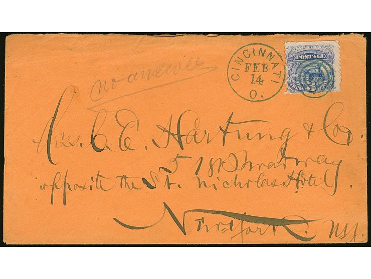 1870, Locomotive 3 c. blue tied on cover by blue CINCINNATI O. FEB/14 and target in blue ms. ‘no arrival’, Lincoln 6 c. on co