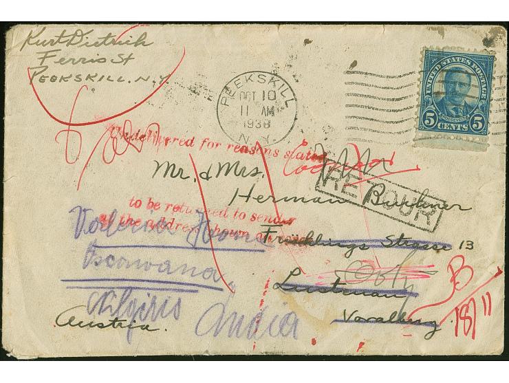 1938, Roosevelt 5 c. on cover from PEEKSKILL N.Y. Oct/10 to Vorarlberg Germany with arrival mark on reverse and forwarded to 