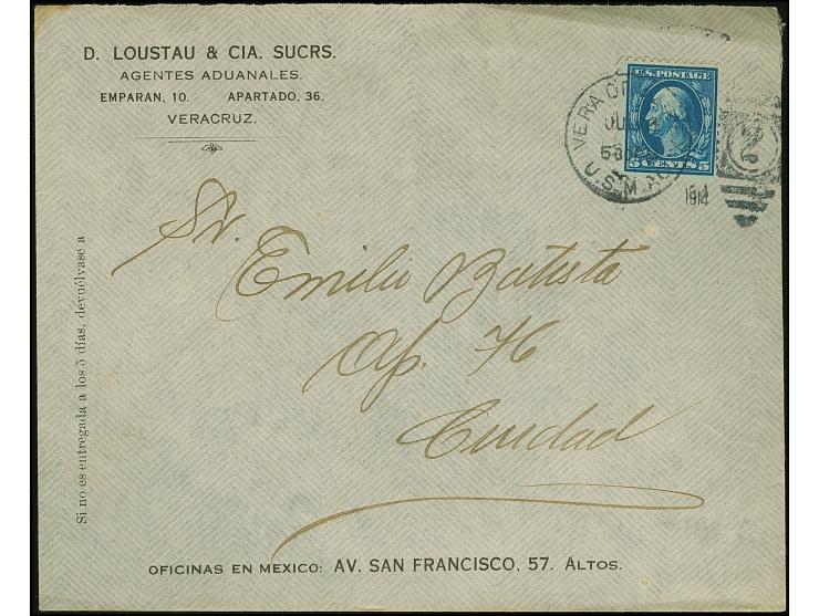 1914, U.S. Occupation of Veracruz: Washington 5 c. blue tied by "Vera Cruz Mexico May/22 1914" flag machine cancel on cover t