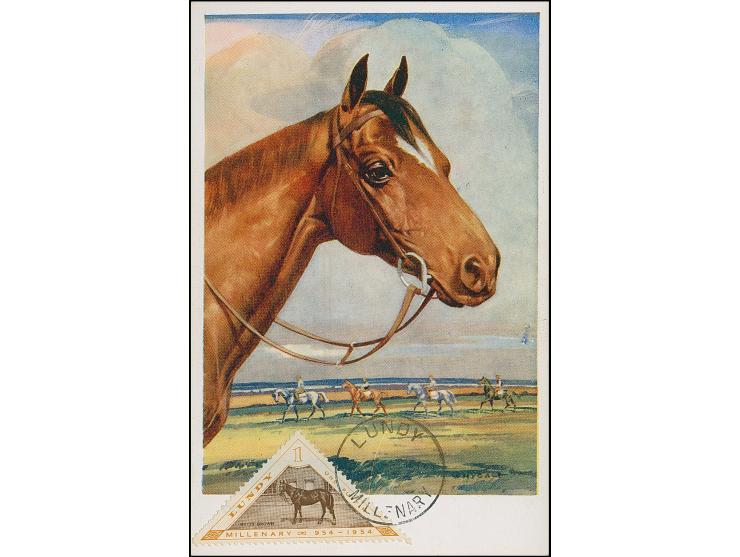 1957/60, Lundy four Maximum Postcards, two Horses with triangle stamps, Island Map designed by John Dyke &amp; pub. by Atlant
