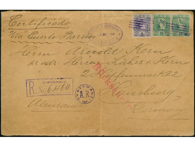 1896, Pair 20 c. green and 5 c. violet engraving issue tied to overseas "AR" by violet mute cancellation and "OFICINA DE CERT