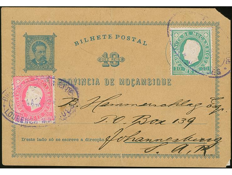 1892, Postal stationery card 10 r. blue uprated with two singles 10 r. green and 20 r. rose tied by oval Lourenco Marques 24/