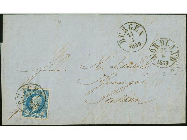 1859, Oscar 4 sk. blue with postmark BERGEN 11.4.1859 Letter to Kjärringö, Salten, with adjacent ship mail postmark NORDLAND 