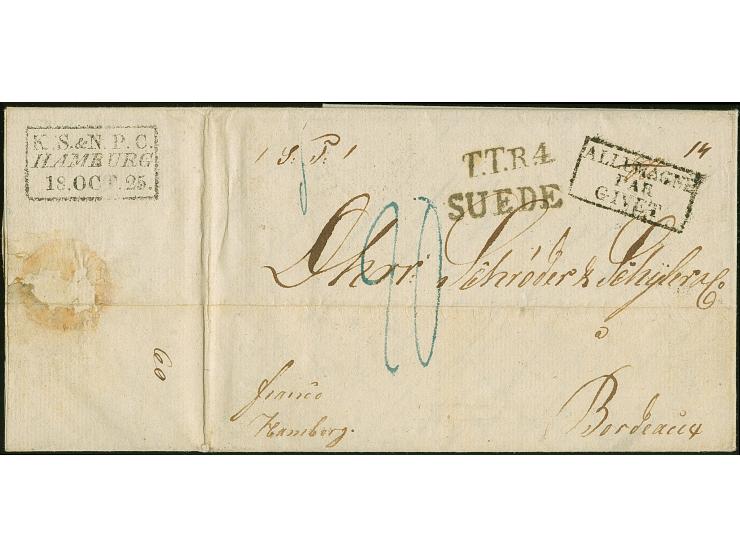 1825, partially paid whole letter dated "Christiania 11 Oct 1825" to Bordeaux, endorsed "Franco Hamburg", transit stamped SUE