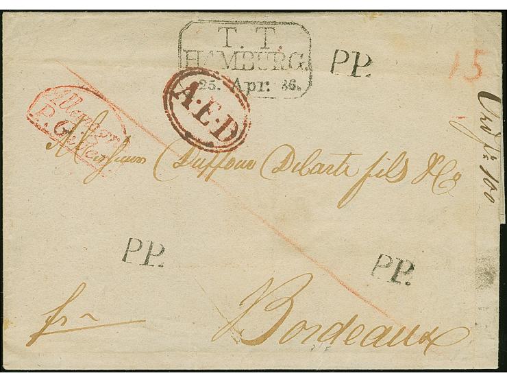 1836, folded envelope from Christiania sent to Bordeaux stamped black "PP." and octagonal “T.T.HAMBURG 25.APR.36” and red "A.