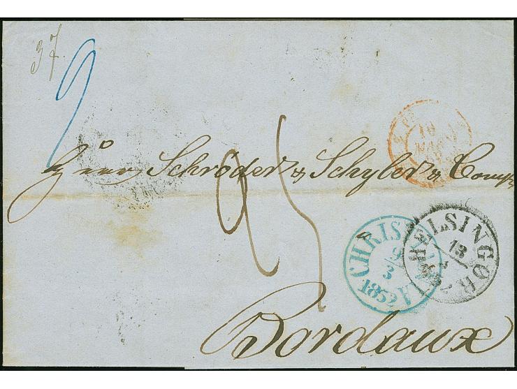 1852, folded envelope cancelled “Christiania 9.3.1852” ds. in blue, partly paid with content, black “HELSINGOR 13.3.52” along