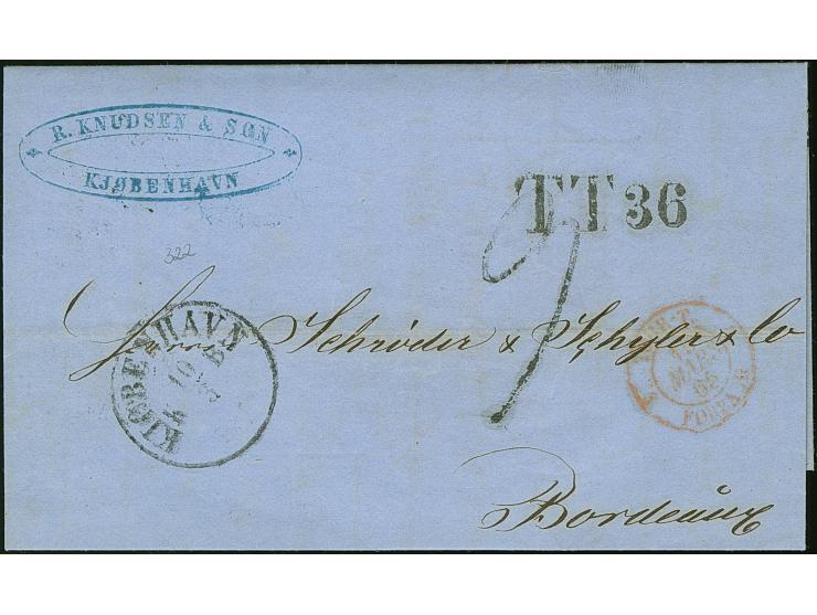 1865, Faltbrief aus KJOBENHAVN 10.3. (K1) nach Bordeaux, Transit rs. über Stadtpostamt-K1 HAMBURG 12.3. und hs. “2” in rot rs