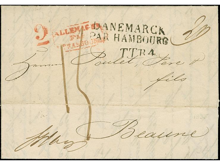 1835, Faltbrief mit vollem Inhalt aus Kopenhagen 31.Oct.1835, Zweizeiler “DANEMARCK PAR HAMBOURG” &amp; "TTR4" nach Beaune mi