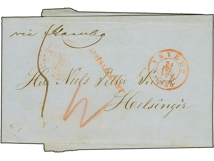 

1850, Folded envelope cancelled "ANVERS 24 Jui 1850" in red and on reverse forwarding agent cachet “Grislar &amp; Marsily, 