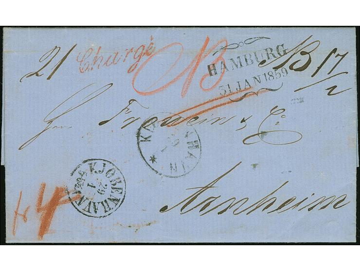 1859, kompletter Faltbrief aus Kopenhagen / Dänemark mit "Schmetterlingstempel" von Hamburg (Feuser 1349-40) vorderseitig, da