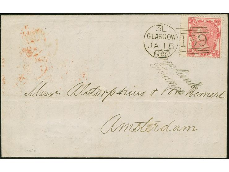 1865, QV 3 d. rose “BI”, tied to entire letter by “3L GLASGOW JA/18 65 / 159” duplex, on reverse London DX JA/19 65 transit c