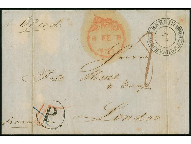 1850, Zwei Faltbriefe aus Berlin und Magdeburg an die Firma “Huth &amp; Co.” und Ankunftsstempel in rot. Taxvermerke und “P.”
