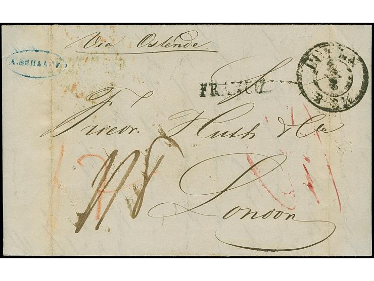 1844, Zwei Faltbriefe aus Köln, Absender A. Schaaff,  an die Firma “Huth &amp; Co.” in London, hs. ‘via Ostende’, rs. franz. 