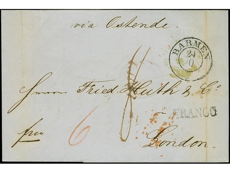 1841/49, Drei Faltbriefe aus ELBERFELD und zwei aus BARMEN, an die Firma “Huth &amp; Co.” in London, 1 x hs. ‘via Ostende’, r