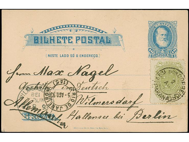 1893/98, 3 postal stationery cards with additional frankings to Germany, fine trio

