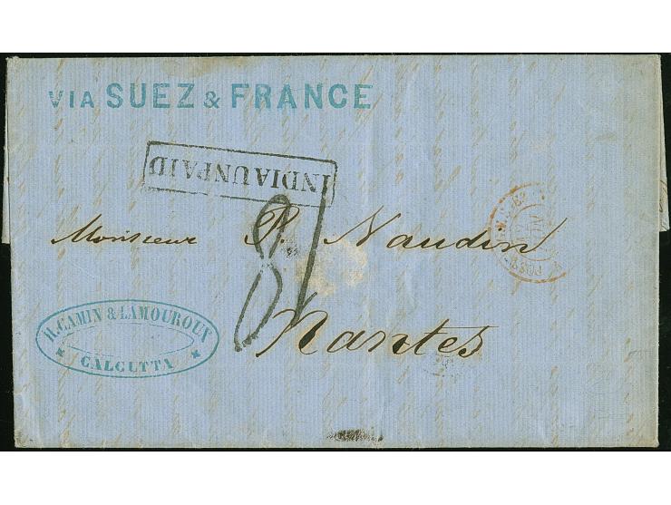 1861, folded envelope with full content from Calcutta, cancelled boxed "India Unpaid" in black, double rate tax mark “18”, on