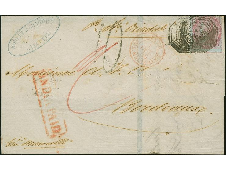 1856, East India, 8 a. carmine, blue glazed paper, used on cover from CALCUTTA to Bordeaux, tied by a combination of handstru