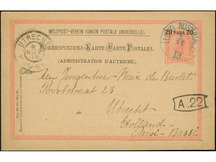 1898, 20 Para auf 5 Kr. rosa Ganzsachenkarte mit blauem K1 ‘Lloyd Austriaco III 4.11.’ geschrieben an Bord Dampfer Amphitrite