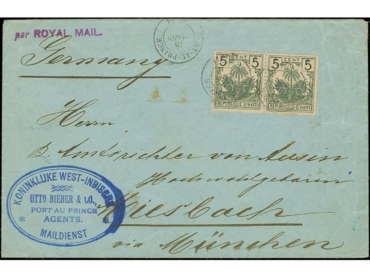 1898, 5 c. greyish black, horizontal pair with cds. “PORT-AU PRINCE 28.MARS.98” on cover with dutch “KONINKLIJKE WEST-INDISCH
